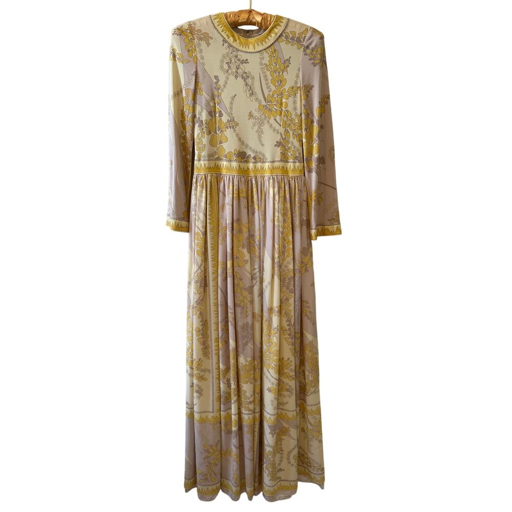 Vintage 60s Emilio Pucci Long Sleeve Silk Chiffon Maxi Gown Butter Yellow Print